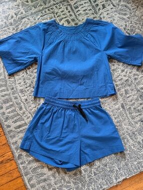 Everlane Cerulean Blue Two-Piece Organic Cotton Lounge Vacation Short Set sz S